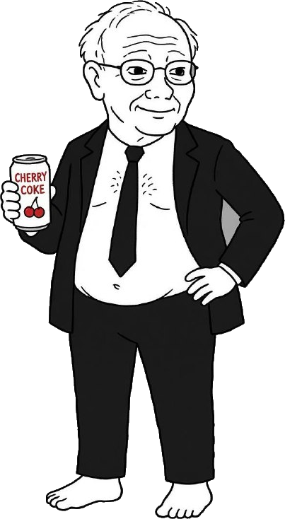 Cartoon of an older investor in a black suit, barefoot, holding a can of Cherry Coke